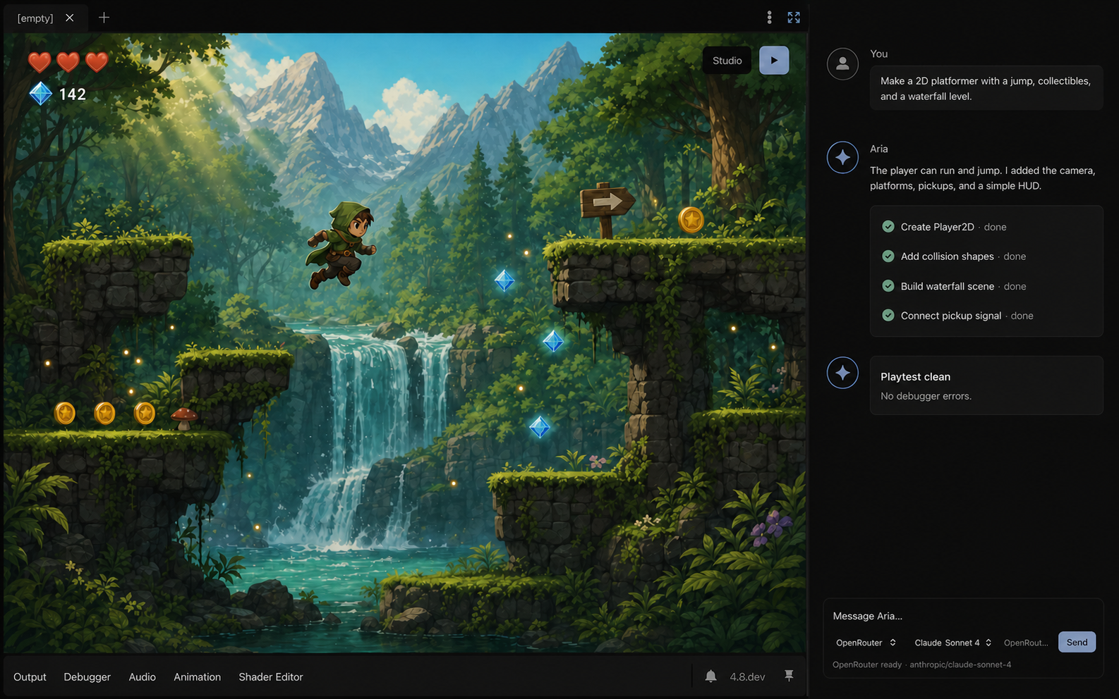 Stage editor showing a playable 2D platform game and Aria's completed build steps.