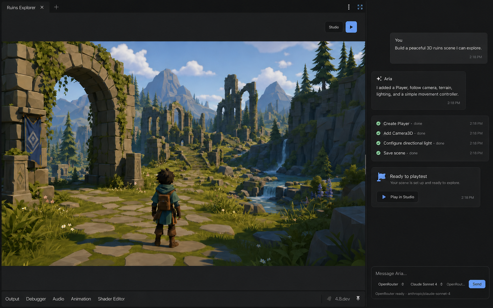 Stage editor showing a playable 3D ruins exploration game and an Aria build conversation.